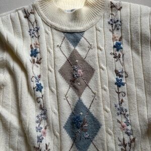 Alfred Dunner Cream Sweater with Blue and Brown Argyle & Floral Embroidery
